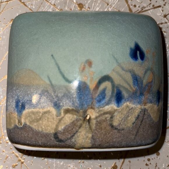 Vintage Artist Signed Decorative Rectangular Vase Teal Green Blue Tan - Picture 8 of 10